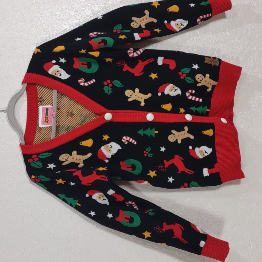 Tipsy Elves Black Cardigan with Red Trim and Festive Motifs - Picture 8 of 17